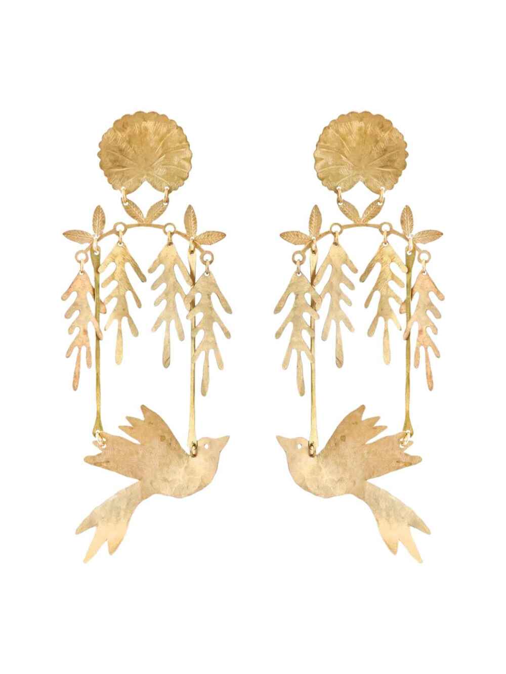 We Dream in Colour Bird's Eden Hammered Brass Bird Statement Earrings Gold OS